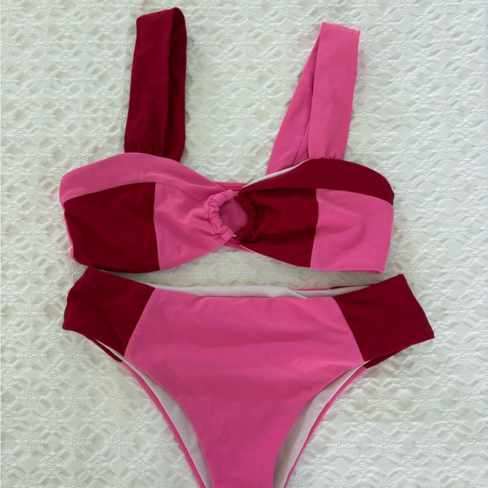 Ash Pink and Dark Pink Colorblock Bikini Set